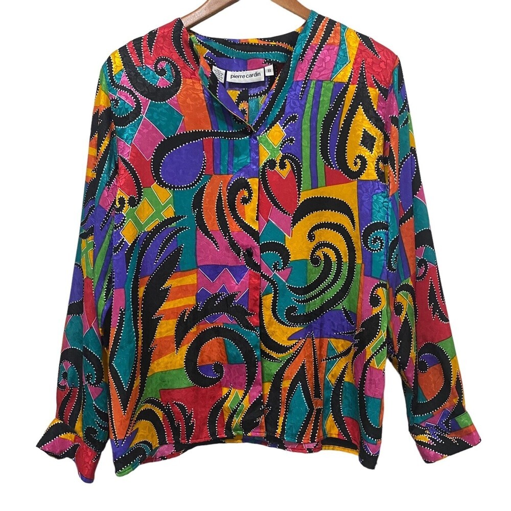 Vintage Colorful Blouse Pierre Cardin 90s Long sleeve embossed medium